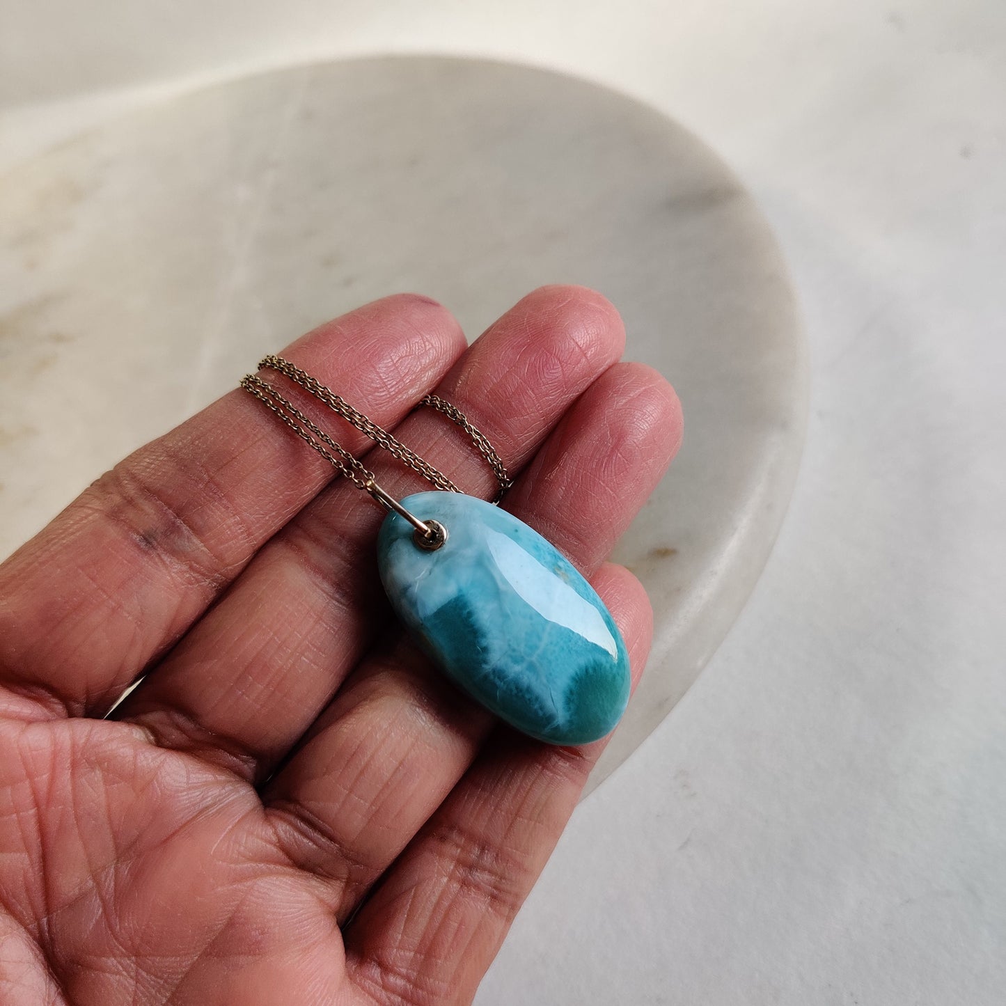 Natural Larimar Pendant, 14K Solid Gold Larimar Pendant, Solid Gold Larimar Drill Pendant Necklace, March Birthstone, Christmas Gift