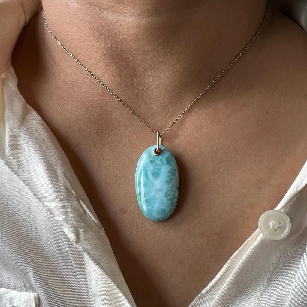 Natural Larimar Pendant, 14K Solid Gold Larimar Pendant, Solid Gold Larimar Drill Pendant Necklace, March Birthstone, Christmas Gift