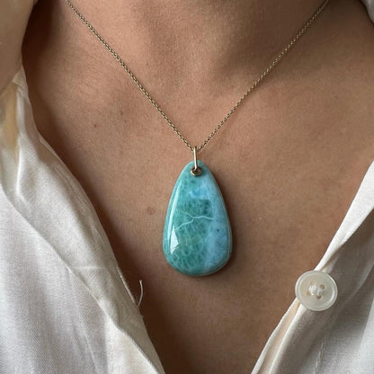 Natural Larimar Pendant, 14K Solid Gold Larimar Pendant, Solid Gold Larimar Drill Pendant Necklace, March Birthstone, Anniversary Gift