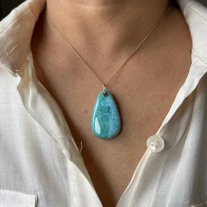 Natural Larimar Pendant, 14K Solid Gold Larimar Pendant, Solid Gold Larimar Drill Pendant Necklace, March Birthstone, Anniversary Gift