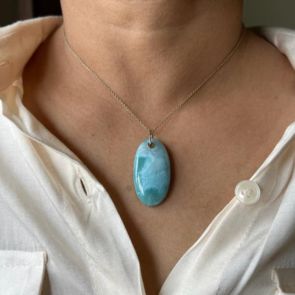 Natural Larimar Pendant, 14K Solid Gold Larimar Pendant, Solid Gold Larimar Drill Pendant Necklace, March Birthstone, Christmas Gift