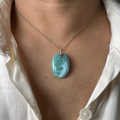 Natural Larimar Pendant, 14K Solid Gold Larimar Pendant, Solid Gold Larimar Drill Pendant Necklace, March Birthstone, Christmas Gift