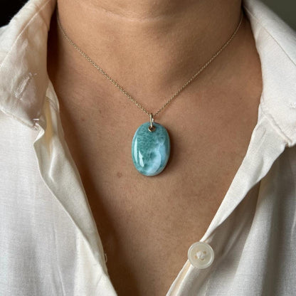 Natural Larimar Pendant, 14K Solid Gold Larimar Pendant, Solid Gold Larimar Drill Pendant Necklace, March Birthstone, Christmas Gift