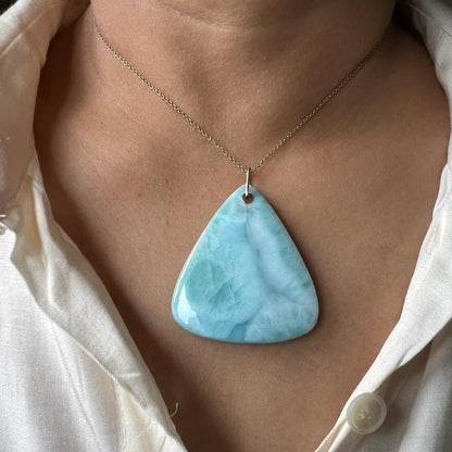 Natural Larimar Pendant, 14K Solid Gold Larimar Pendant, Solid Gold Larimar Drill Pendant, March Birthstone, Christmas Gift, Drill Pendant