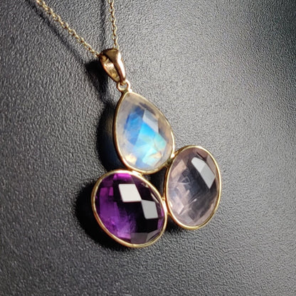 Natural Rainbow Moonstone Purple Amethyst Rose Quartz Pendent, Rose Quartz Purple Amethyst Rainbow Moonstone Jewelry, June Aug Birthstone