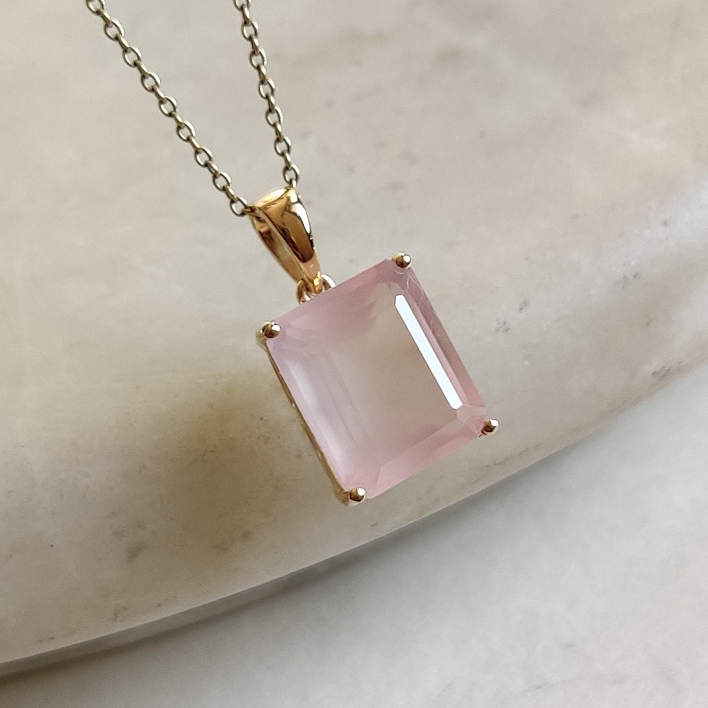 Natural Rose Quartz Pendant, 14K Solid Gold Rose Quartz Pendant, Solid Gold Octagon Pendant Necklace, January Birthstone, Christmas Gift,