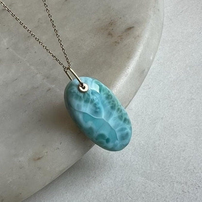 Natural Larimar Pendant, 14K Solid Gold Larimar Pendant, Solid Gold Larimar Drill Pendant Necklace, March Birthstone, Christmas Gift