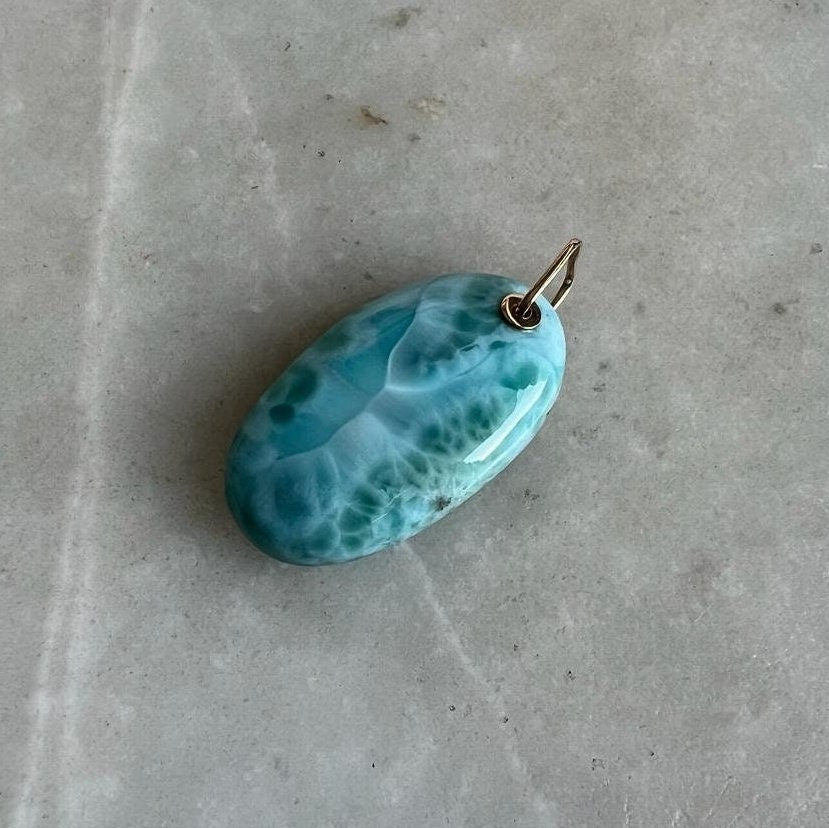 Natural Larimar Pendant, 14K Solid Gold Larimar Pendant, Solid Gold Larimar Drill Pendant Necklace, March Birthstone, Christmas Gift