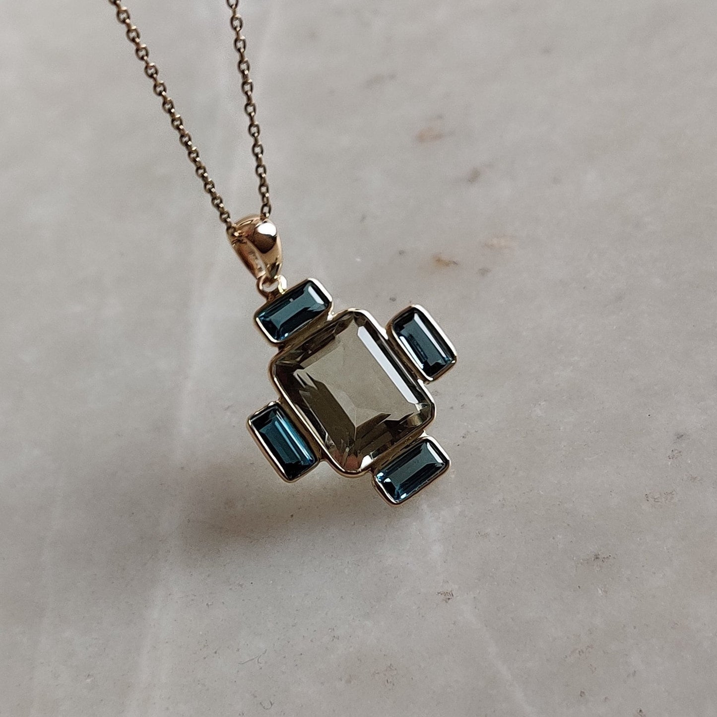 Natural Green Amethyst London Blue Topaz Pendant, 14K Solid Yellow Gold Green Amethyst With London Blue Topaz Pendant, February Birthstone