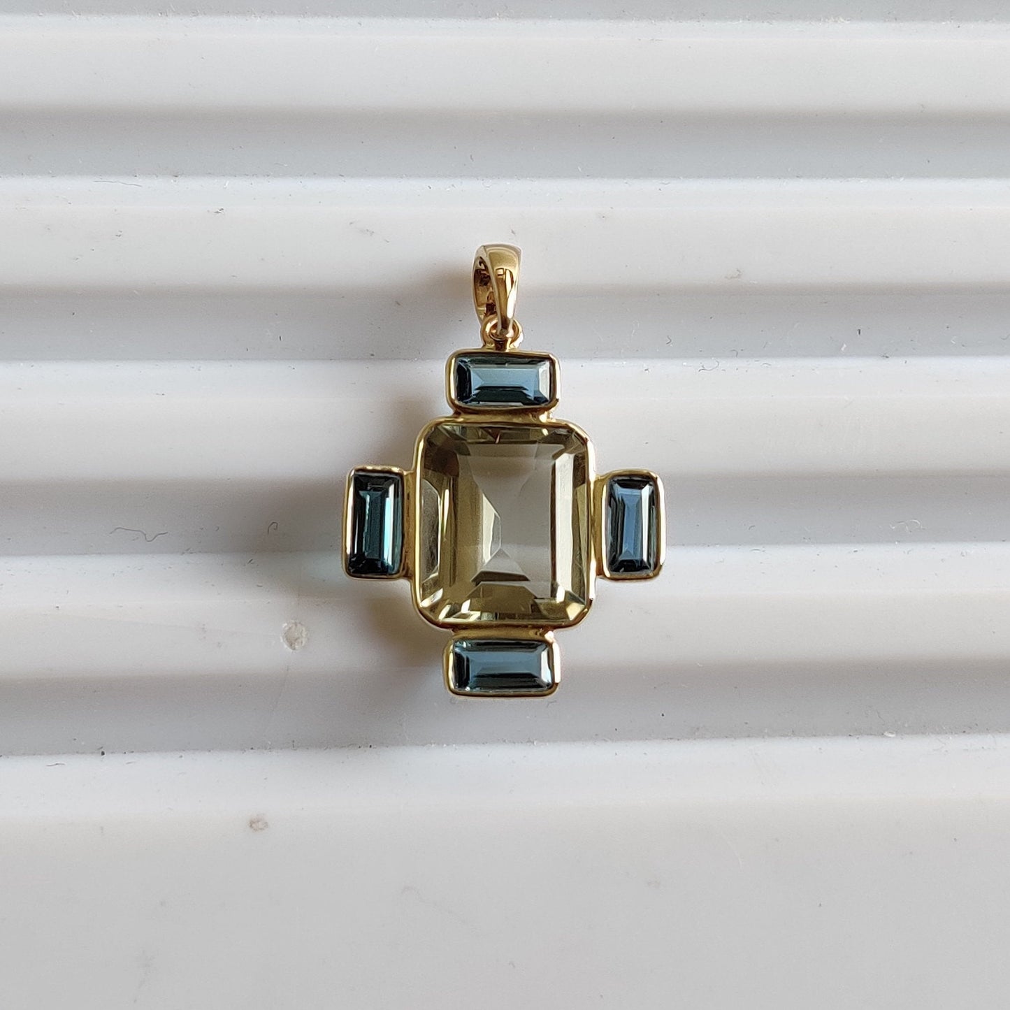 Natural Green Amethyst London Blue Topaz Pendant, 14K Solid Yellow Gold Green Amethyst With London Blue Topaz Pendant, February Birthstone