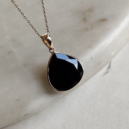 Natural Black Onyx Pendant, 14K Solid Yellow Gold Onyx Pendant, December Birthstone Pendant, Natural Onyx Jewelry, Christmas Present