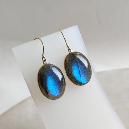 14K Gold Labradorite Earrings, Natural Labradorite Bezel Earrings, 14K Solid Yellow Gold Earrings, November Birthstone, Drop Earrings