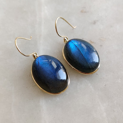 14K Gold Labradorite Earrings, Natural Labradorite Bezel Earrings, 14K Solid Yellow Gold Earrings, November Birthstone, Drop Earrings