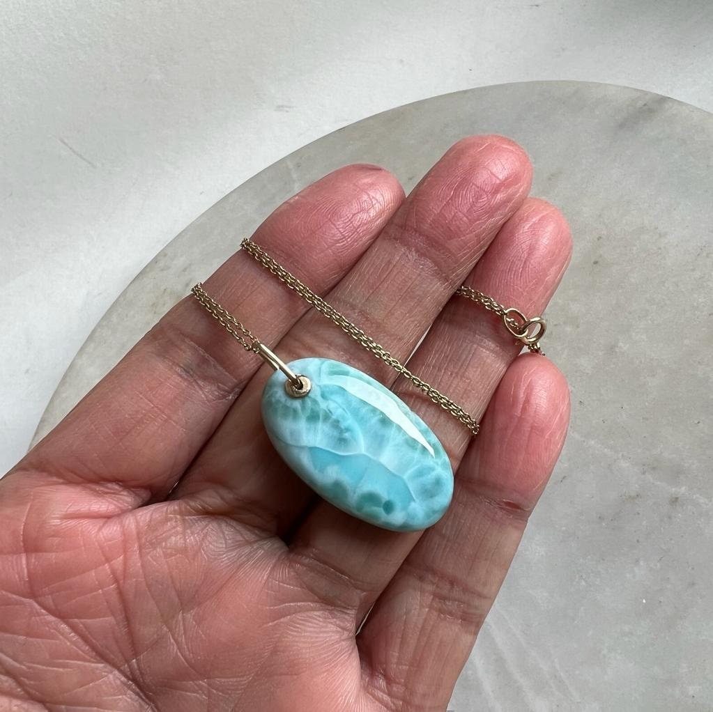 Natural Larimar Pendant, 14K Solid Gold Larimar Pendant, Solid Gold Larimar Drill Pendant Necklace, March Birthstone, Christmas Gift