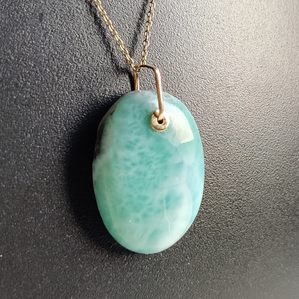 Natural Larimar Pendant, 14K Solid Gold Larimar Pendant, Solid Gold Larimar Drill Pendant Necklace, March Birthstone, Christmas Gift