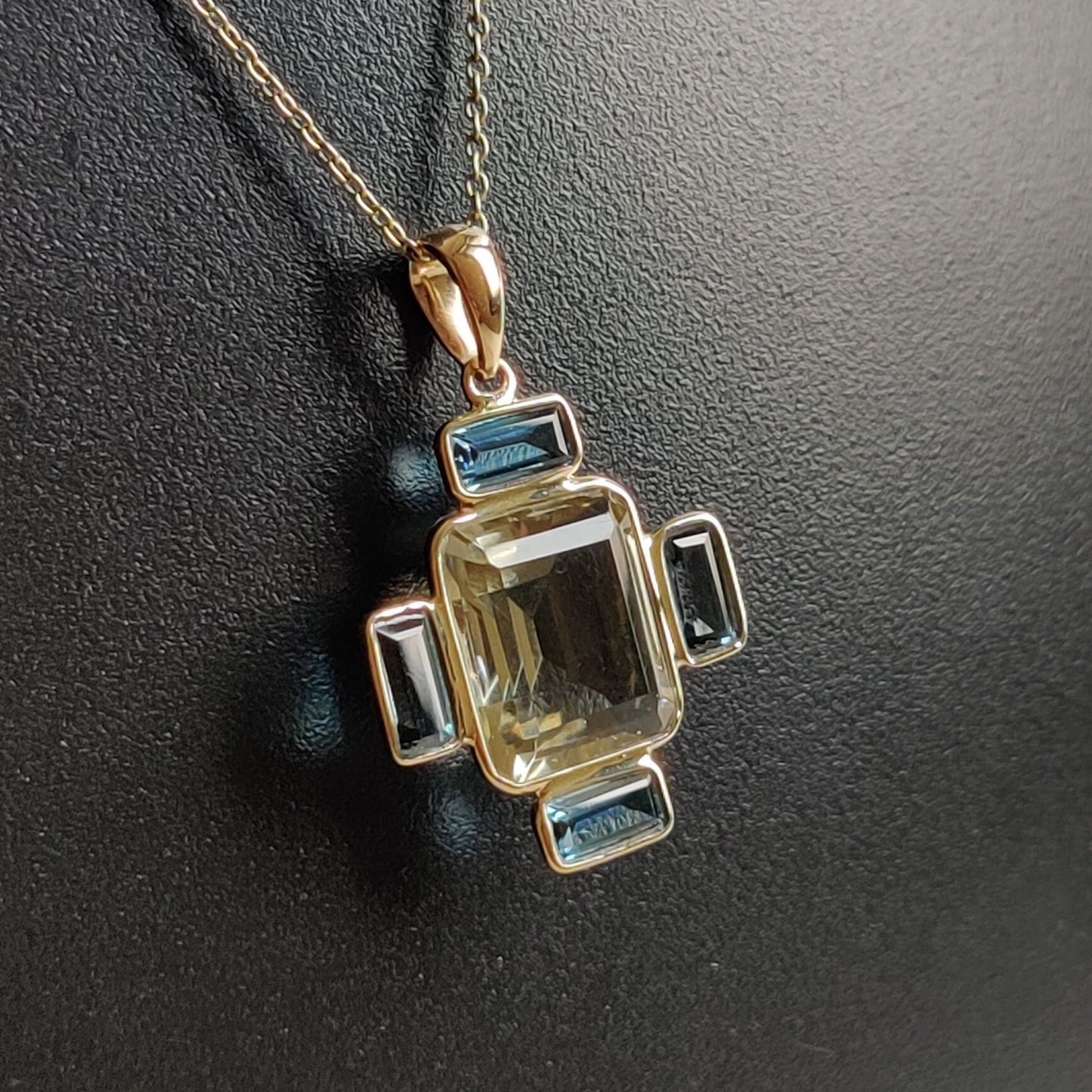 Natural Green Amethyst London Blue Topaz Pendant, 14K Solid Yellow Gold Green Amethyst With London Blue Topaz Pendant, February Birthstone