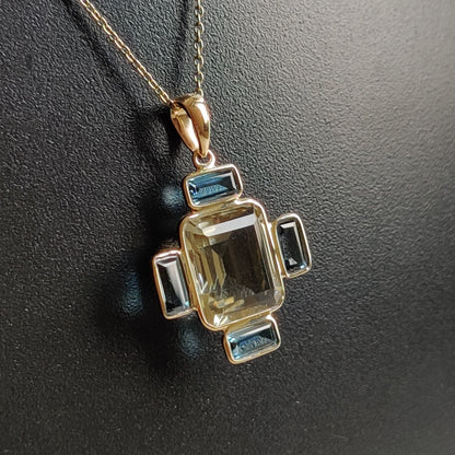 Natural Green Amethyst London Blue Topaz Pendant, 14K Solid Yellow Gold Green Amethyst With London Blue Topaz Pendant, February Birthstone