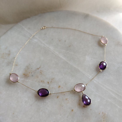 Natural Purple Amethyst Rose Quartz Pendent Necklace, 14K Solid Gold Bezel Necklace, Purple Amethyst Rose Quartz Jewelry, Jan Feb Birthstone