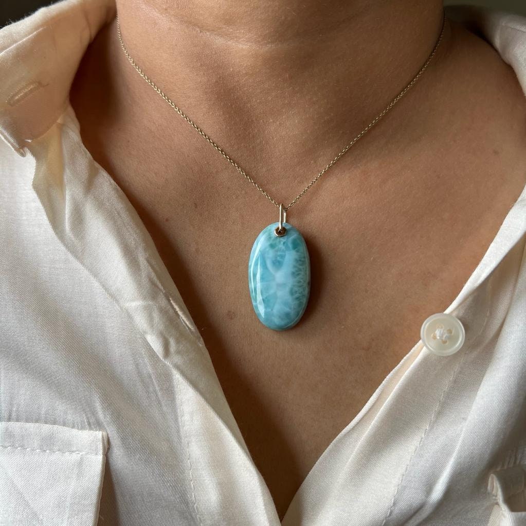 Natural Larimar Pendant, 14K Solid Gold Larimar Pendant, Solid Gold Larimar Drill Pendant Necklace, March Birthstone, Christmas Gift