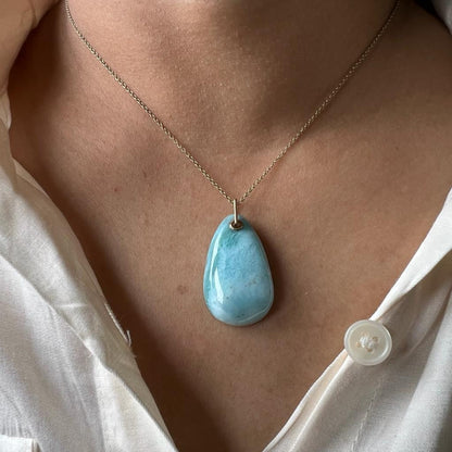 Natural Larimar Pendant, 14K Solid Gold Larimar Pendant, Solid Gold Larimar Drill Pendant Necklace, March Birthstone, Christmas Gift