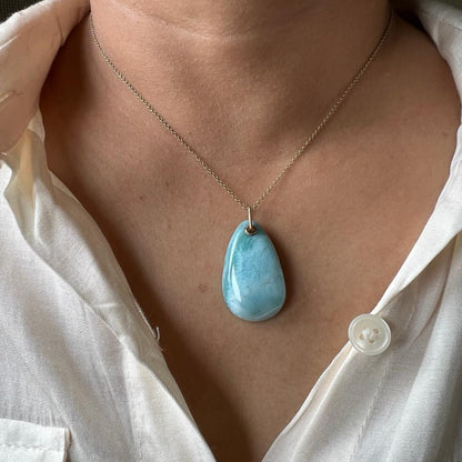 Natural Larimar Pendant, 14K Solid Gold Larimar Pendant, Solid Gold Larimar Drill Pendant Necklace, March Birthstone, Christmas Gift