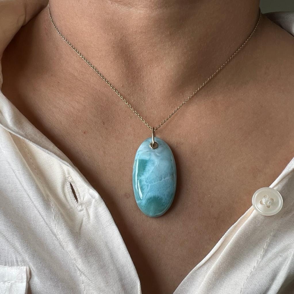 Natural Larimar Pendant, 14K Solid Gold Larimar Pendant, Solid Gold Larimar Drill Pendant Necklace, March Birthstone, Christmas Gift