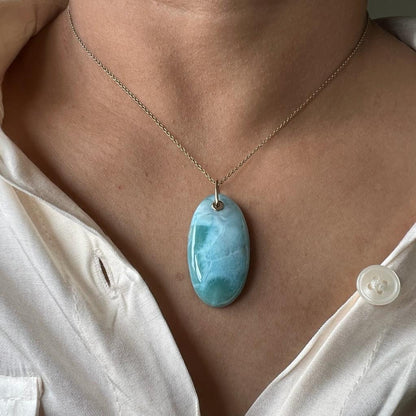 Natural Larimar Pendant, 14K Solid Gold Larimar Pendant, Solid Gold Larimar Drill Pendant Necklace, March Birthstone, Christmas Gift