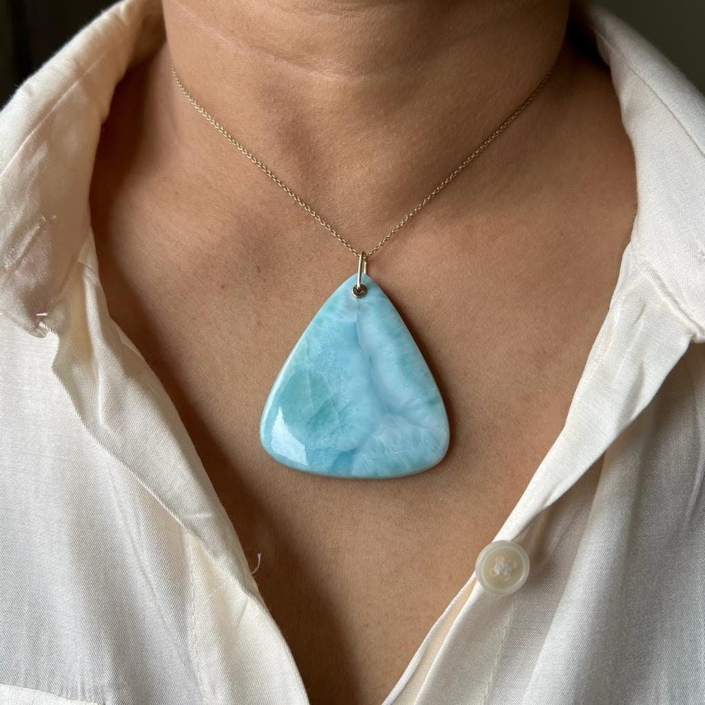 Natural Larimar Pendant, 14K Solid Gold Larimar Pendant, Solid Gold Larimar Drill Pendant, March Birthstone, Christmas Gift, Drill Pendant