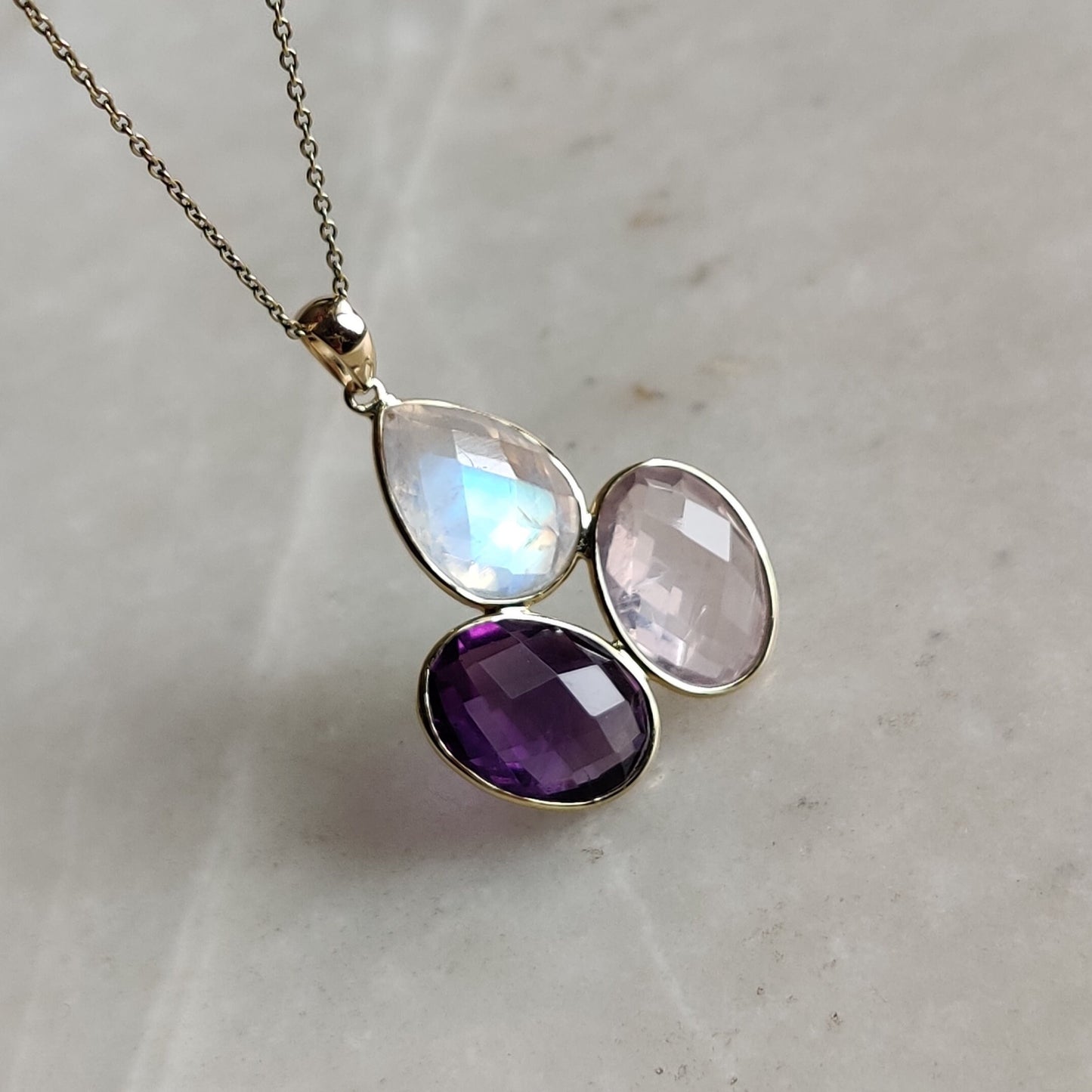 Natural Rainbow Moonstone Purple Amethyst Rose Quartz Pendent, Rose Quartz Purple Amethyst Rainbow Moonstone Jewelry, June Aug Birthstone