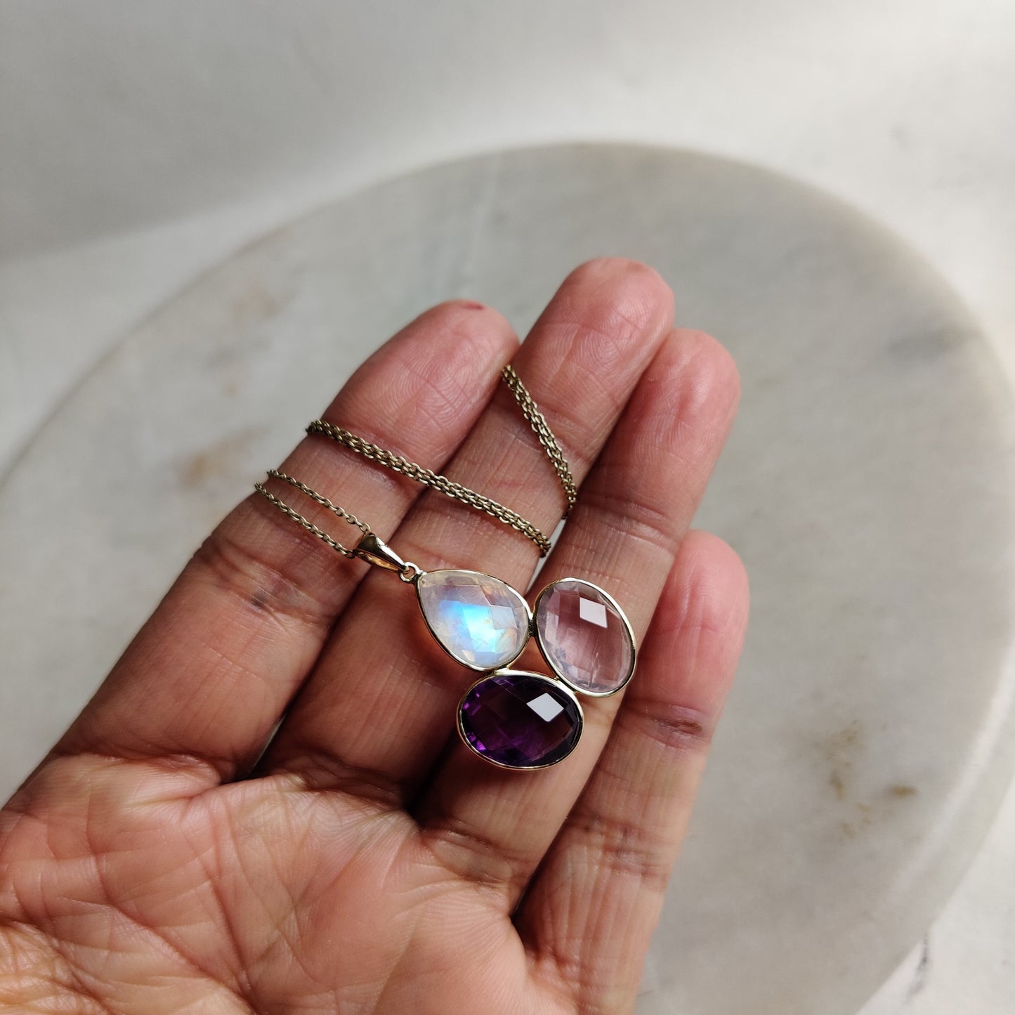 Natural Rainbow Moonstone Purple Amethyst Rose Quartz Pendent, Rose Quartz Purple Amethyst Rainbow Moonstone Jewelry, June Aug Birthstone