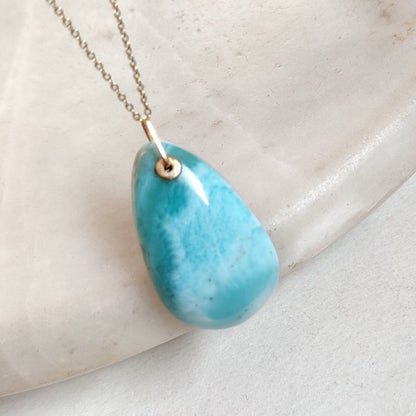 Natural Larimar Pendant, 14K Solid Gold Larimar Pendant, Solid Gold Larimar Drill Pendant Necklace, March Birthstone, Christmas Gift