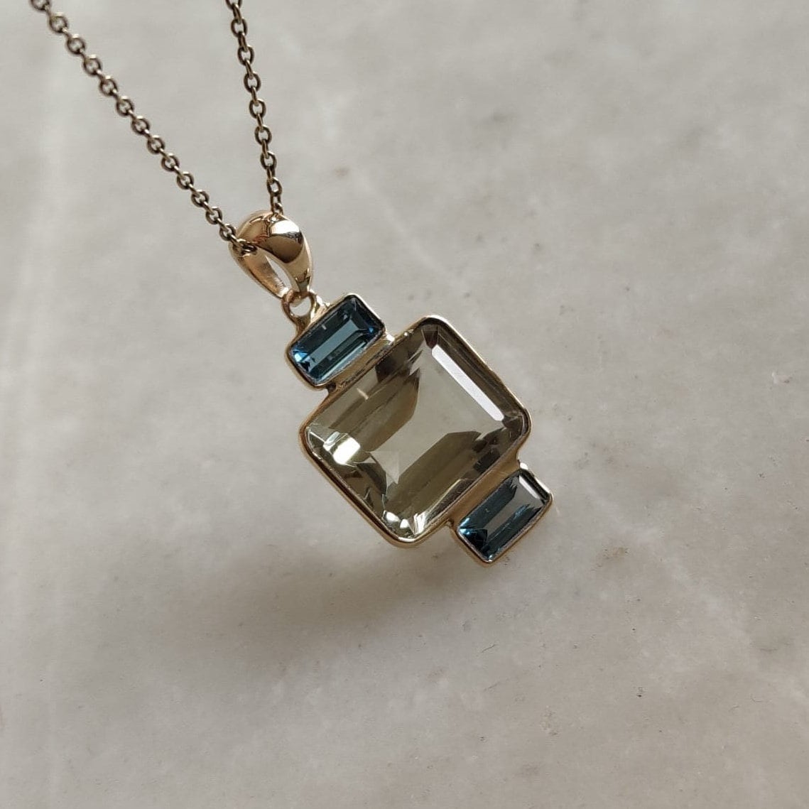 Natural Green Amethyst London Blue Topaz Pendant, 14K Solid Yellow Gold Green Amethyst With London Blue Topaz Pendant, February Birthstone