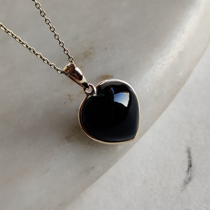 Natural Black Onyx Heart Pendant, 14K Solid Yellow Gold Pendant, Heart Pendant, Christmas Gift, December Birthstone, Gold Heart Pendant