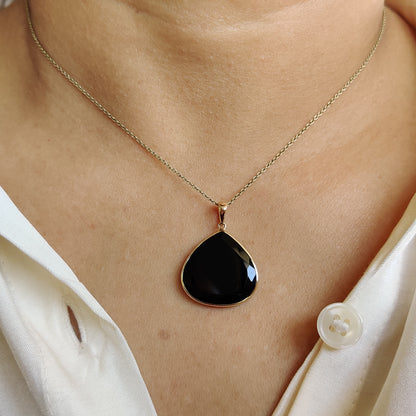 Natural Black Onyx Pendant, 14K Solid Yellow Gold Black Onyx Pendant, December Birthstone Pendant, Christmas Present, Black Onyx Jewelry