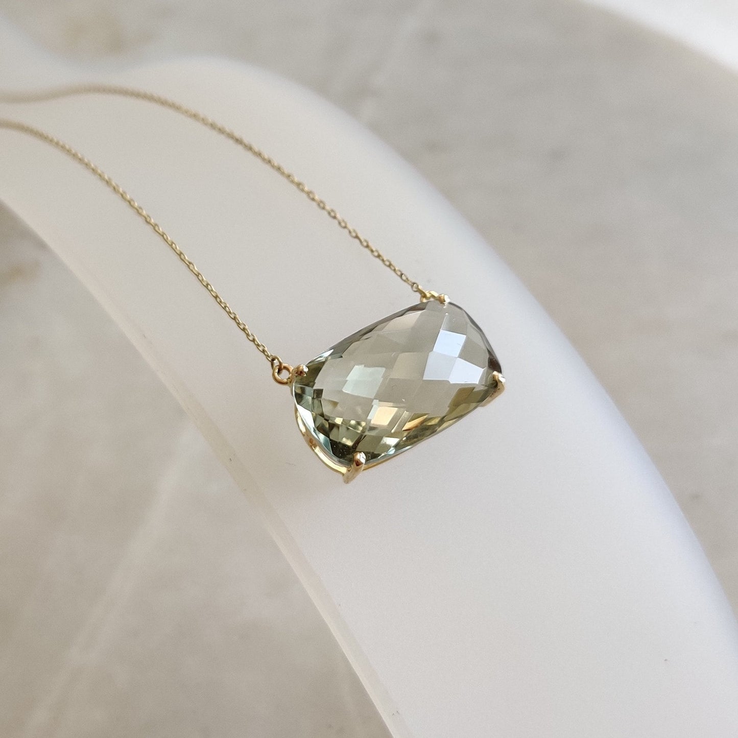 Natural Green Amethyst Pendant, 14K Solid Gold Green Amethyst Pendant, Cushion Brio Oval Pendant, February Birthstone, Christmas Gift