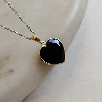 Natural Black Onyx Heart Pendant, 14K Solid Yellow Gold Onyx Pendant, Christmas Gift, Heart Pendant, December Birthstone, Black Onyx Jewelry