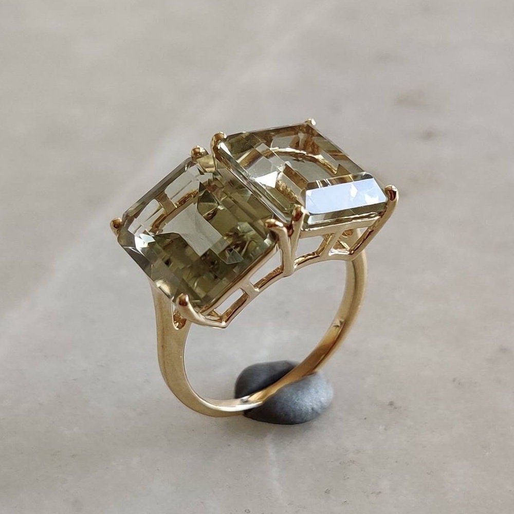 Natural Green Amethyst Ring, 14k Solid Yellow Gold Ring, AAA Grade Green Amethyst Ring, February Birthstone, Green Amethyst Jewelry