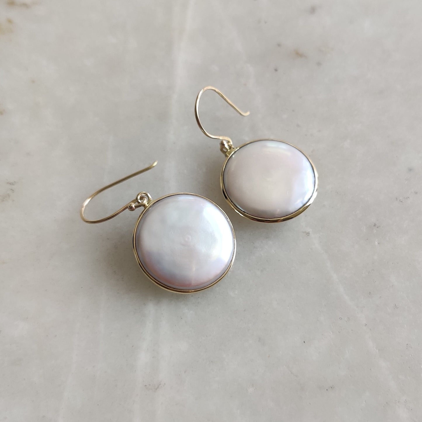 14K Gold Pearl Earrings, Natural Pearl Bezel Earrings, 14K Solid Yellow Gold Earrings, June Birthstone, Round Earrings, Wedding Gift