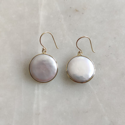 14K Gold Pearl Earrings, Natural Pearl Bezel Earrings, 14K Solid Yellow Gold Earrings, June Birthstone, Round Earrings, Wedding Gift