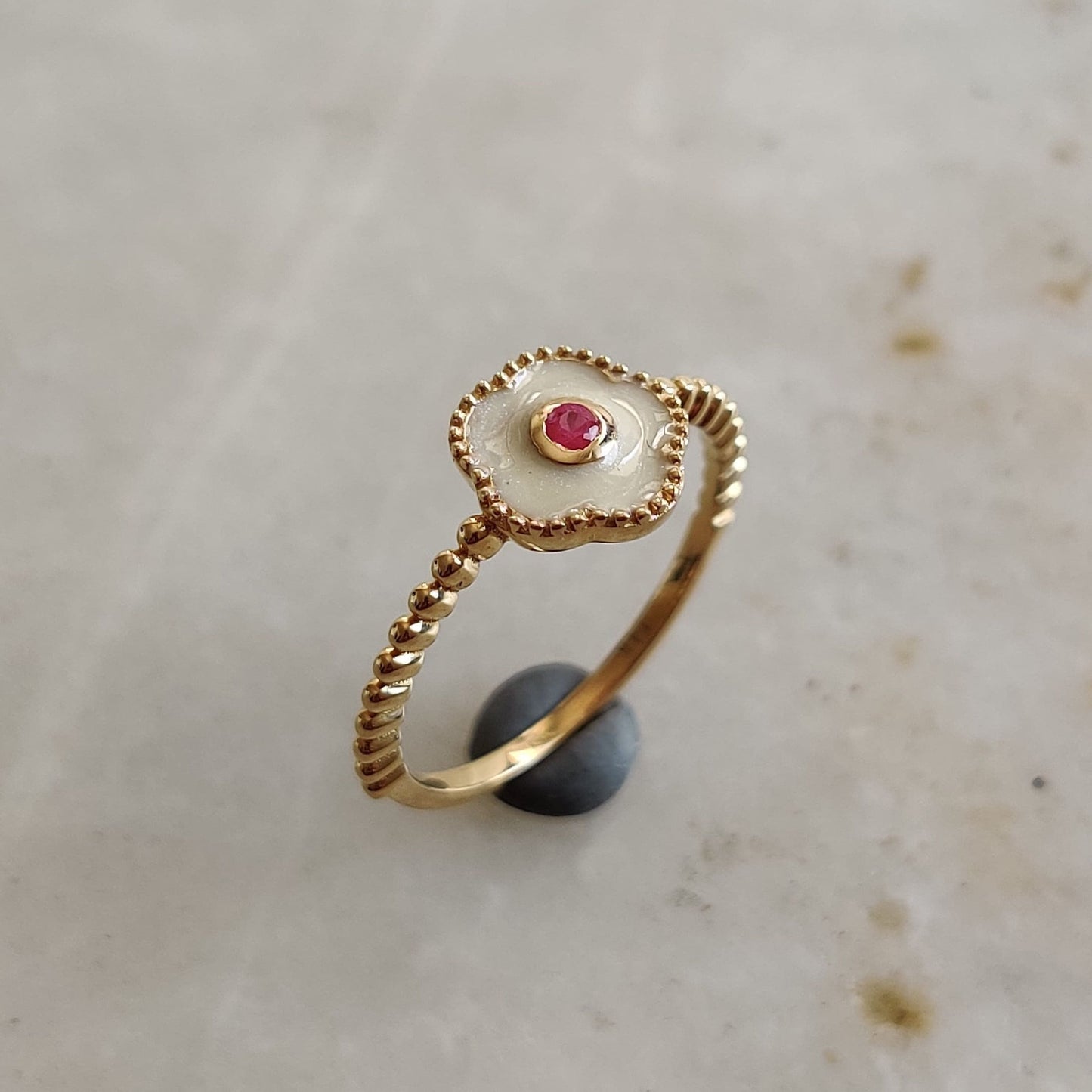 Natural Ruby With White Enamel Ring, 14k Solid Yellow Gold Ruby Enamel Ring, Natural Ruby Ring, July Birthstone, Christmas Gift, Enamel Ring