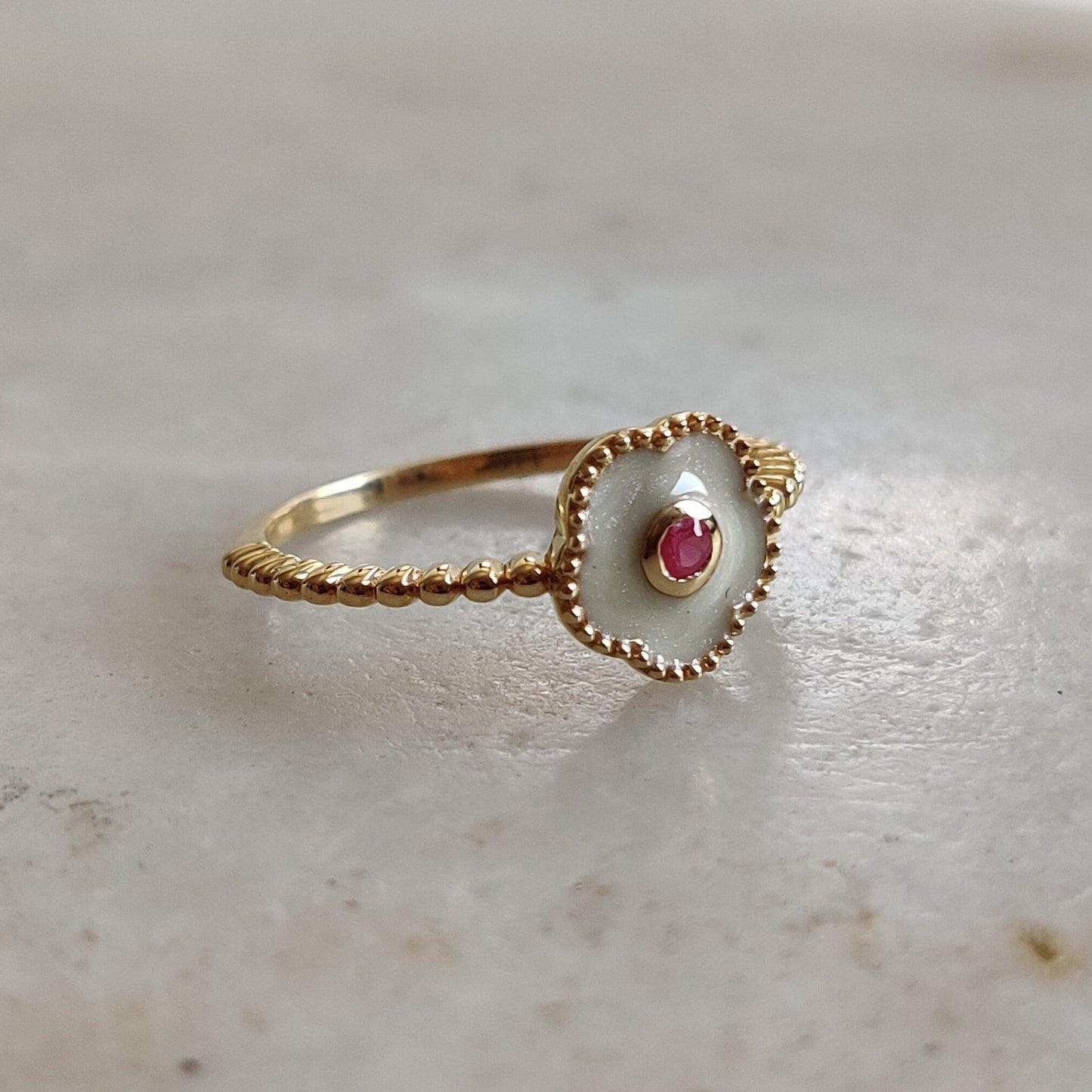 Natural Ruby With White Enamel Ring, 14k Solid Yellow Gold Ruby Enamel Ring, Natural Ruby Ring, July Birthstone, Christmas Gift, Enamel Ring