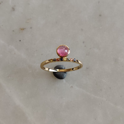 Natural Pink Tourmaline & Multi Sapphire Ring, 14K Solid Yellow Gold Pink Tourmaline Ring, October Birthstone, Dainty Ring, Christmas Gift