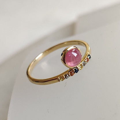 Natural Pink Tourmaline & Multi Sapphire Ring, 14K Solid Yellow Gold Pink Tourmaline Ring, October Birthstone, Dainty Ring, Christmas Gift