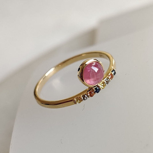 Natural Pink Tourmaline & Multi Sapphire Ring, 14K Solid Yellow Gold Pink Tourmaline Ring, October Birthstone, Dainty Ring, Christmas Gift