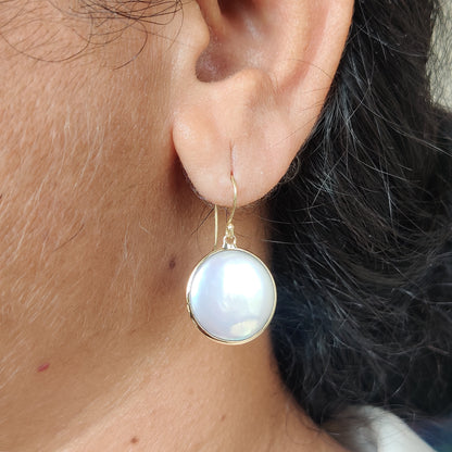 14K Gold Pearl Earrings, Natural Pearl Bezel Earrings, 14K Solid Yellow Gold Earrings, June Birthstone, Round Earrings, Wedding Gift