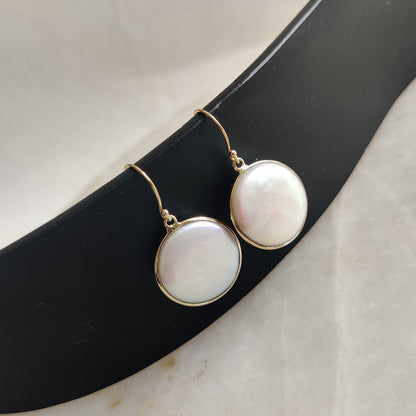 14K Gold Pearl Earrings, Natural Pearl Bezel Earrings, 14K Solid Yellow Gold Earrings, June Birthstone, Round Earrings, Wedding Gift