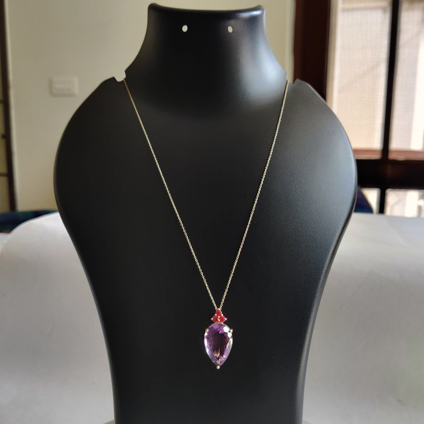 Colgante de amatista violeta natural y zafiro rosa, colgante de amatista violeta de oro macizo de 14 quilates, piedra natal de febrero, regalo de Navidad, joyería de amatista