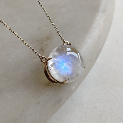 Natural Rainbow Moonstone Necklace, 14K Solid Gold Moonstone Pendant, Yellow Gold Necklace Pendant, Blue Moonstone Jewelry, June Birthstone