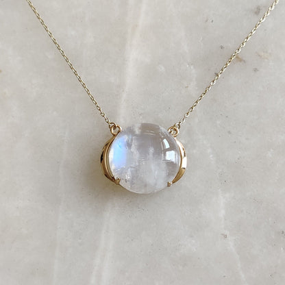 Natural Rainbow Moonstone Necklace, 14K Solid Gold Moonstone Pendant, Yellow Gold Necklace Pendant, Blue Moonstone Jewelry, June Birthstone