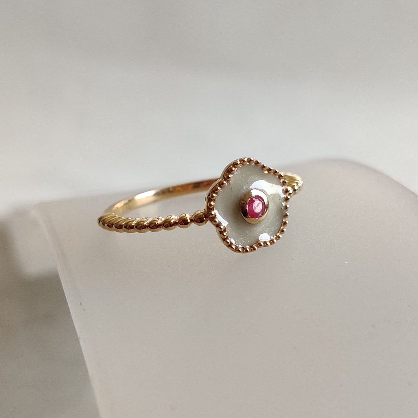 Natural Ruby With White Enamel Ring, 14k Solid Yellow Gold Ruby Enamel Ring, Natural Ruby Ring, July Birthstone, Christmas Gift, Enamel Ring